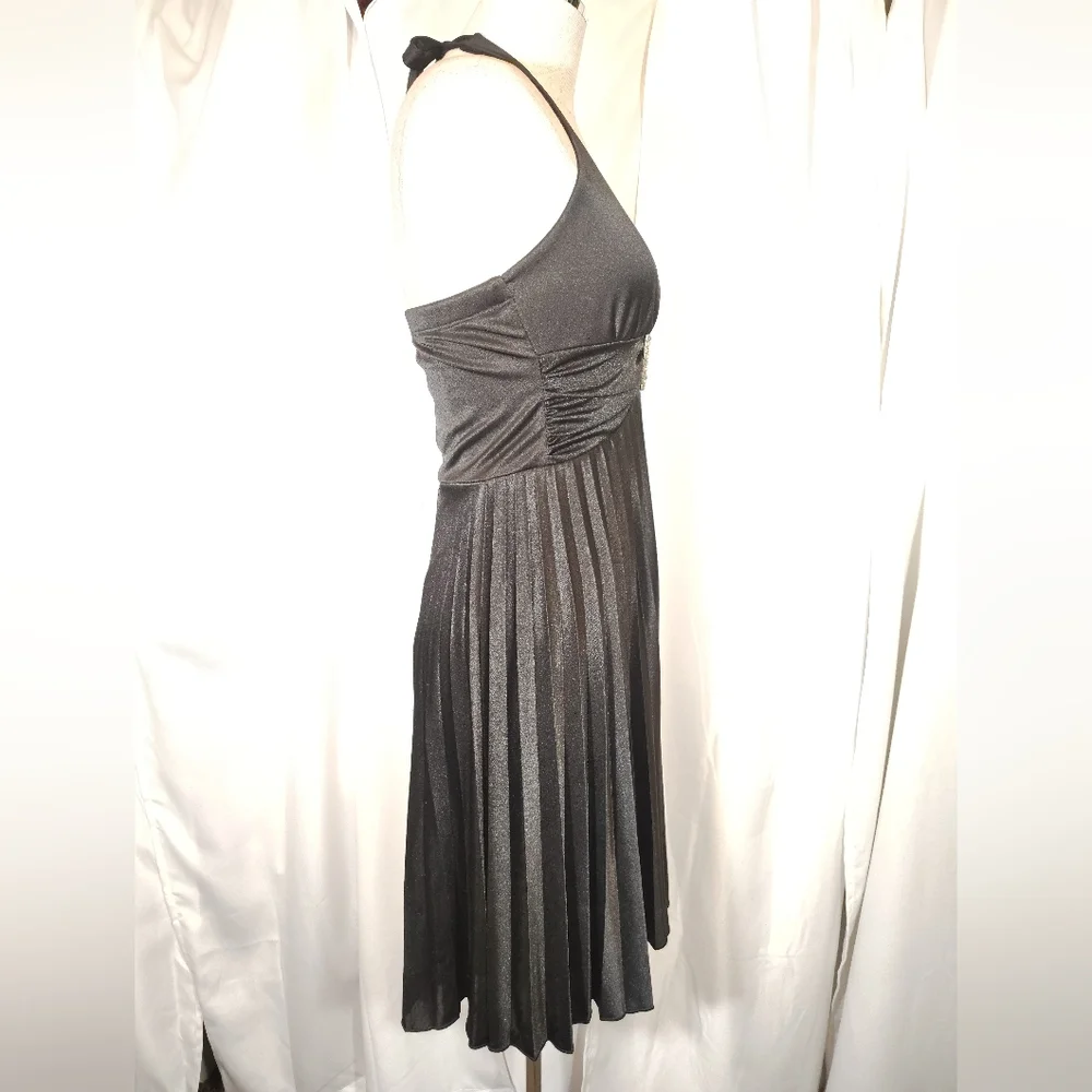 Satin Halter Formal Midi Dress,Tie Pleated Skirt, Empire Waist, Black, S